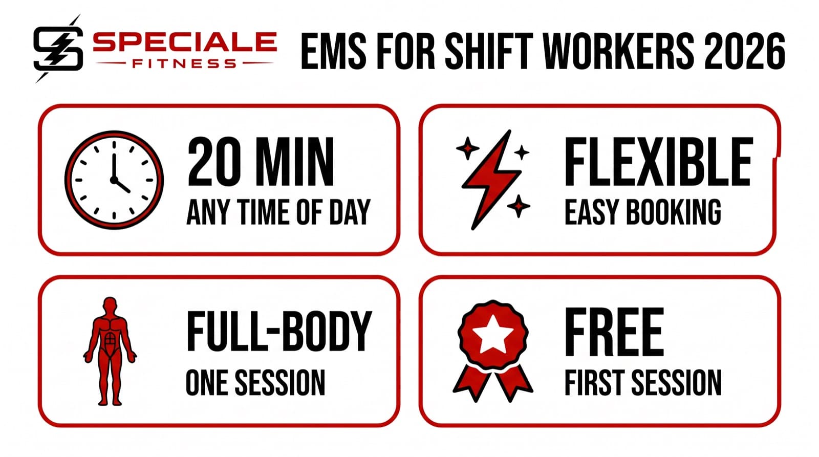 EMS for Shift Workers: Fitness on an Irregular Schedule in 2026 — Speciale Fitness infographic